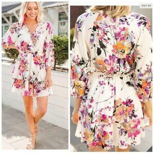 Umgee Influenced By Florals Pink Floral 3/4 Sleeve Dress Size Small
